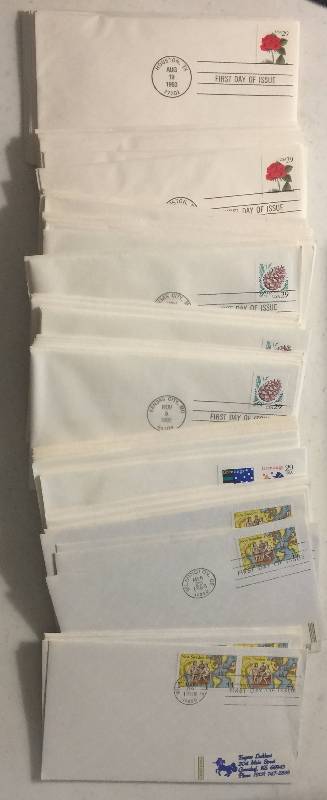 lot 1297 image: 120 Total Stamps Lot First Day of Issue Postmarked Stamps 1988-1991 Multiple Stamps of Each