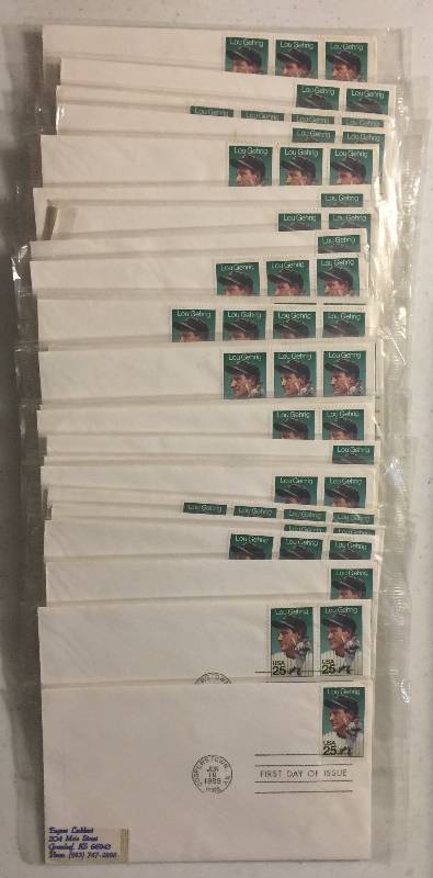lot 1301 image: 72 Total Stamps Lou Gehrig First Day of Issue Postmarked Stamps Jun 10, 1989 Cooperstown, NY Postmarked Still Sealed Packages