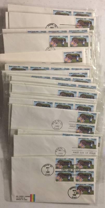 lot 1302 image: 72 Total Stamps South Dakota USA 25 Cent Stamp First Day of Issue May 3, 1989 Still Sealed in Packages