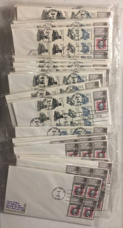 lot 1304 image: 49 Abraham Lincoln & 219 Transportation First Day of Issue Stamps Postmarked Mar 16, 1989 New In Package