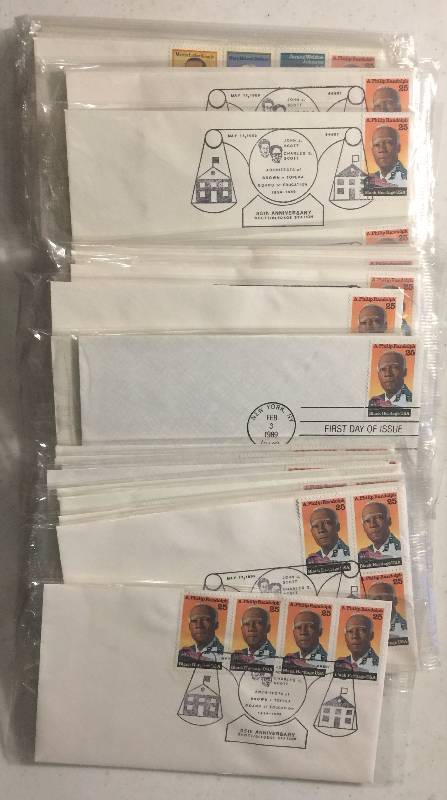 lot 1306 image: 64 Total Stamps 35th Anniversary Brown vs BOE First Day of Issue Stamps Bethane, Johnson, Alot of Randolph, and Martin Luther King Jr NEW in Package