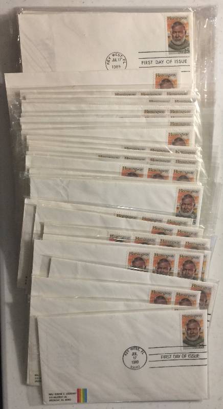 lot 1307 image: 122 Total Stamps Ernest Hemingway First Day of Issue Jul 21, 1989 Hemingway Birthplace Station Postmark New In Package