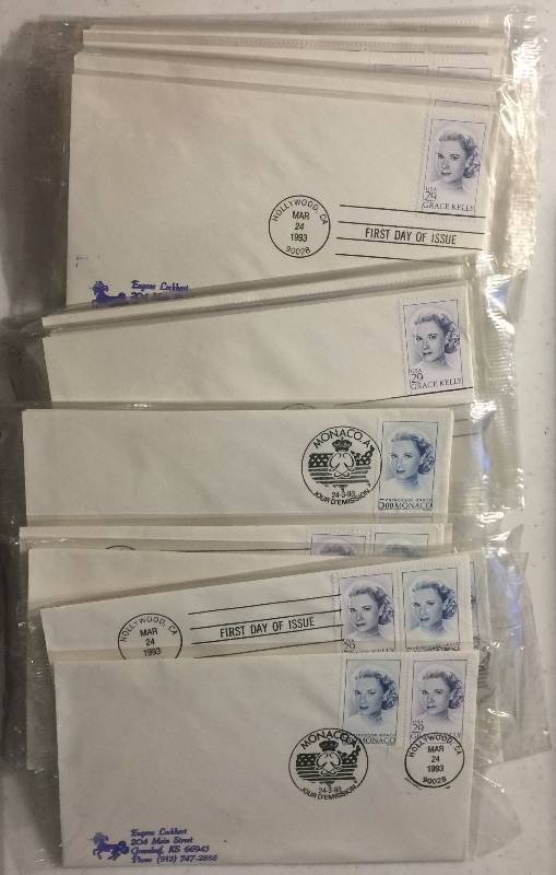 lot 1308 image: 94 Total Stamps Grace Kelly First Day of Issue Stamp Hollywood, CA March 24, 1993 29 Cent Stamp New In Package
