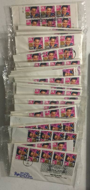 lot 1309 image: 166 Total Stamps Elvis Presley 29 Cent Stamps First Day of Issue Postmarked Jan 8, 1993 Memphis, TN All New In Package Unopened