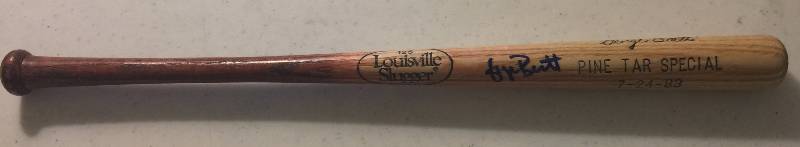 lot 800 image: Signed Stadium Give Away George Brett Pine Tar Mini Bat wFaux Pine Tar, Date, Pine Tar Special, Inscribed Signature and Real Signature
