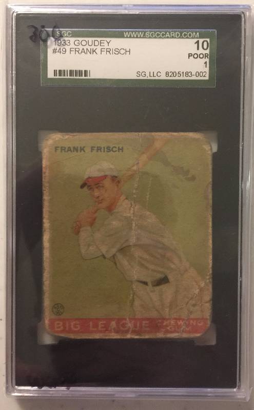 lot 824 image: 1933 Goudey #49 Frankie Frisch St. Louis Cardinals & Baseball Hall of Famer SGC 10 Graded and Authenticated High Book Value $300