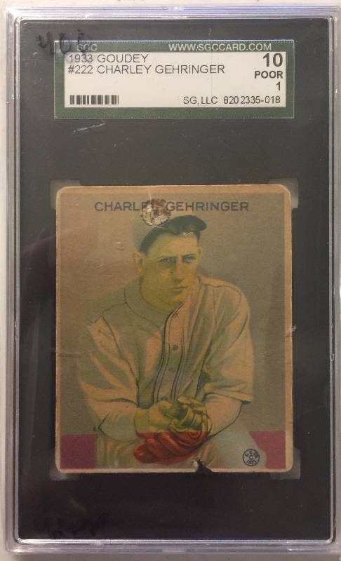 lot 825 image: 1933 Goudey #222 Charlie Gehringer Tigers & Baseball Hall of Famer SGC 10 Graded and Authenticated High Book Value $400