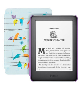 lot 49236 image: Retail - $119.99 Amazon Kindle 6 inch, Kids Edition 2019 w Built-in Light And Cover, Rainbow Birds