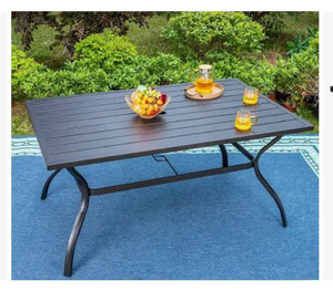 lot 49966 image: PHI VILLA Black Rectangle Metal Patio Outdoor Dining Table with Umbrella Hole.