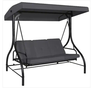 lot 49974 image: Veikous 3-Seat Converting Canopy Patio Swing Steel Lounge Chair with Cushions in Dark Gray.
