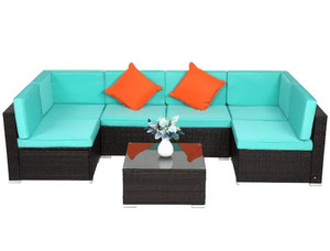 lot 49979 image: Brown Wicker Sectional Set with Lake Blue Cushions