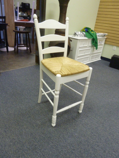 lot 55 image: WHITE COUNTER HEIGHT CHAIR WITH WICKER SEAT