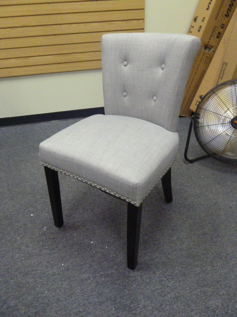 lot 25 image: GREY PADDED CHAIR WITH WOOD LEGS