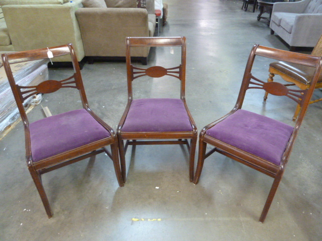 lot 204 image: THREE MATCHING DINING CHAIRS WITH PURPLE SEATS