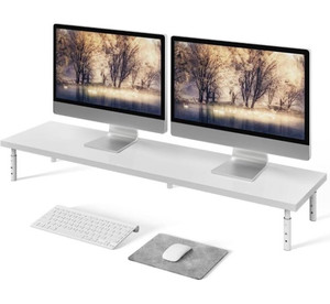 lot 1927 image: Weenson Dual Monitor Stand for Desk-White Bamboo Monitor Stand Riser for 2 Monitors with 3 Height Adjustable Metal Legs for Home Office School Business Use