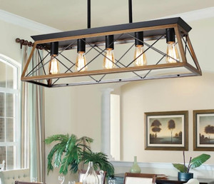 lot 1928 image: XIPUDA Farmhouse Chandeliers for Dining Room, Rustic Kitchen Island Light Fixture, 5-Light Linear Pendant Lighting Rectangular Chandelier, Metal Solid Ceiling Lights