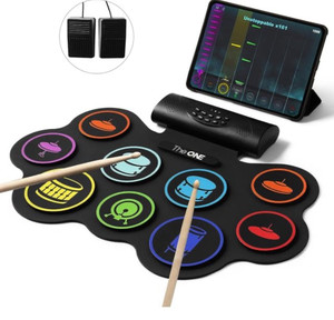 lot 1937 image: The ONE Electronic Drum Set 9 Pads Roll Up Drum Kit With Free App, Dual Built-in Speakers, Drum Sticks, Drum Pedals, Bluetooth MIDI, Great Christmas & Birthday Gift For Kids and Beginners