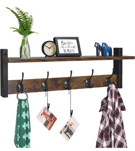 lot 1942 image: Homode Coat Rack with Shelf Wall Mount, 24 Inch Long Entryway Wall Shelf with Hooks, Wood Hanger with Storage Shelf for Bathroom, Hallway, Rustic Brown Black