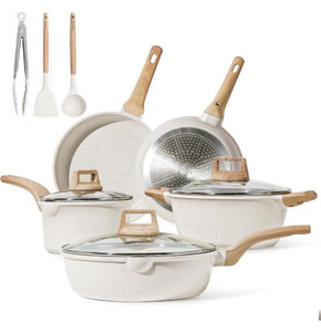 lot 1945 image: CAROTE Pots and Pans Set Nonstick, White Granite Induction Kitchen Cookware Sets, 11 Pcs Non Stick Cooking Set wFrying Pans & Saucepans(PFOS, PFOA Free)