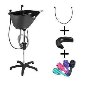 lot 1956 image: Dompel Bundle Wash Unit Portable Shampoo Sink Includes Drain Hose and Faucet with Hose Headrest and Set of 4 Hair Brushes.