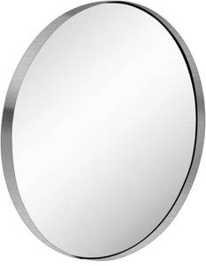 lot 2006 image: KAASUNES 32-Inch Contemporary Brushed Silver Wall Mounted Round Mirror, Glass Panel Circle Deep Set Design Stainless Steel Framed Mirror for Bathroom, Entryways, Living Rooms