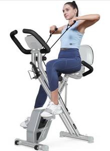 lot 2014 image: pooboo Folding Exercise Bike, Foldable Fitness Stationary Bike Machine, Upright Indoor Cycling Bike, Magnetic X-Bike with 8-Level Adjustable Resistance, Bottle Holder & Back Support Cushion for Home Gym Workout