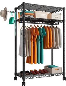 lot 2022 image: PUNION Heavy Duty Rolling Garment Rack,Portable Clothes Rack for Hanging Clothes,Clothing Rack,Wardrobe Storage Rack with 3 Shelves,1 Hang Rod,1 Side Hook,36 Lx18 Wx71 H, Max Load 500LBS, Black,GR1
