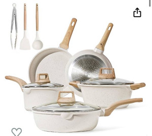 lot 2040 image: CAROTE Pots and Pans Set Nonstick, White Granite Induction Kitchen Cookware Sets, 11 Pcs Non Stick Cooking Set wFrying Pans & Saucepans(PFOS, PFOA Free)