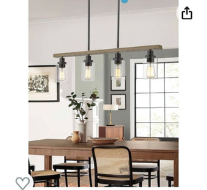 lot 2046 image: Cargifak 4-Light Kitchen Island Lighting, 36.6 inch Farmhouse Linear Chandeliers, Pendant Light Fixture with Wood Grain Finish for Dining Room Pool Table, 4806-4P-BK