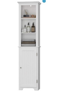 lot 2067 image: UTEX 64 Freestanding Storage Cabinet, Bathroom Tall Cabinet with Doors and Shelves, Free Standing Linen Tower, Home Storage Furniture,White