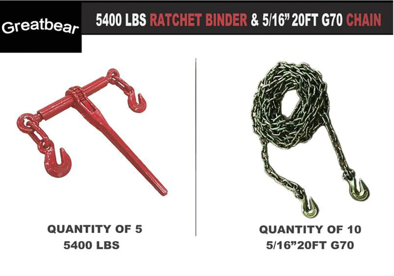 lot 1019 image: Unused 2023 Greatbear Qty of (5) 5400LBS Ratchet binder and Qty of (10) 516 20FT G70 chain