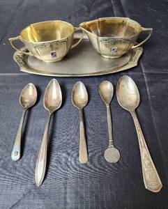 lot 136 image: 1933 Sugar & Creamer Set and Assorted Spoons