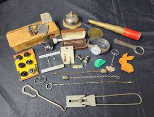 lot 168 image: Timex Watch, Monocular, Tie Clips, (3) Pocket Watch Chains, and More