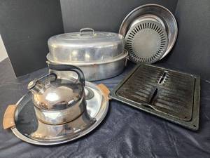 lot 228 image: Roaster, Broiler Pan, Tea Kettle, Serving Tray, and More