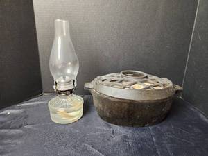 lot 273 image: Oil Lamp, Cast Iron Stove Humidifier, and Steamer