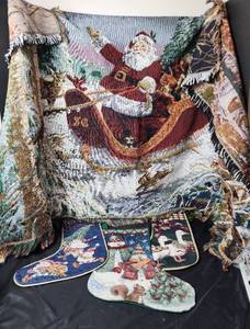 lot 287 image: Christmas Blanket and (3) Stockings