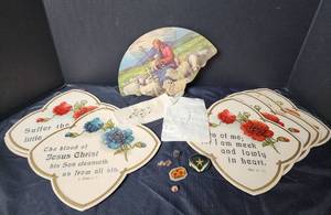 lot 311 image: Vintage Jesus Church Fan, Vintage Hankies, Bible Verse Decor, and Vintage Pins