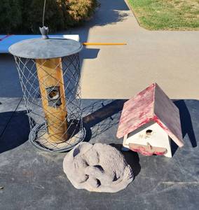 lot 384 image: Bird Feeder, Bird House, and Concrete Bunny