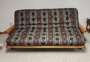 lot 504 image: Solid Oak Futon with 8 Mattress and Bedding (Excellent Condition) (Located in Basement)