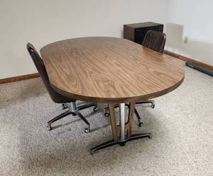 lot 510 image: Vintage Dining Table and (2) Rolling Chairs (Need reupholstered) 72x41.5x29 (Located in Basement)