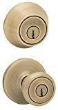 lot 1463 image: Kwikset 695 Tylo Entry Knob and Double Cylinder Deadbolt Combo Pack in Antique Brass