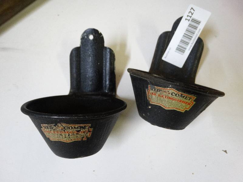 lot 1127 image: Pair of vintage fire extinguisher holders.
