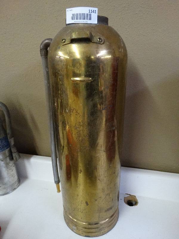 lot 1141 image: Vintage brass fire extinguisher- no pump