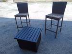 (2) ct. lot metal frame woven chairs, bar stool height, outdoor seating with (1) side table