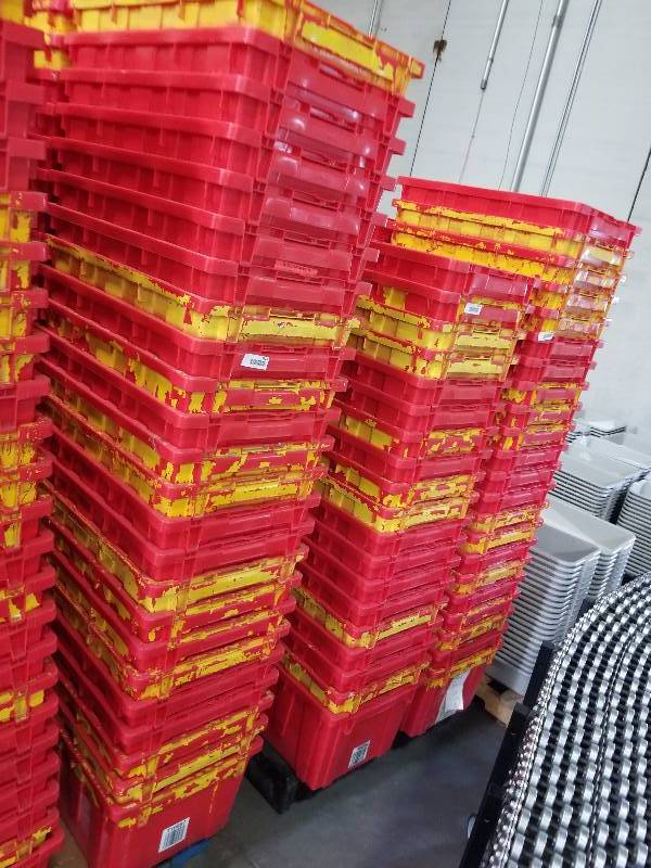 lot 1813 image: Red stackable Buckets  totes