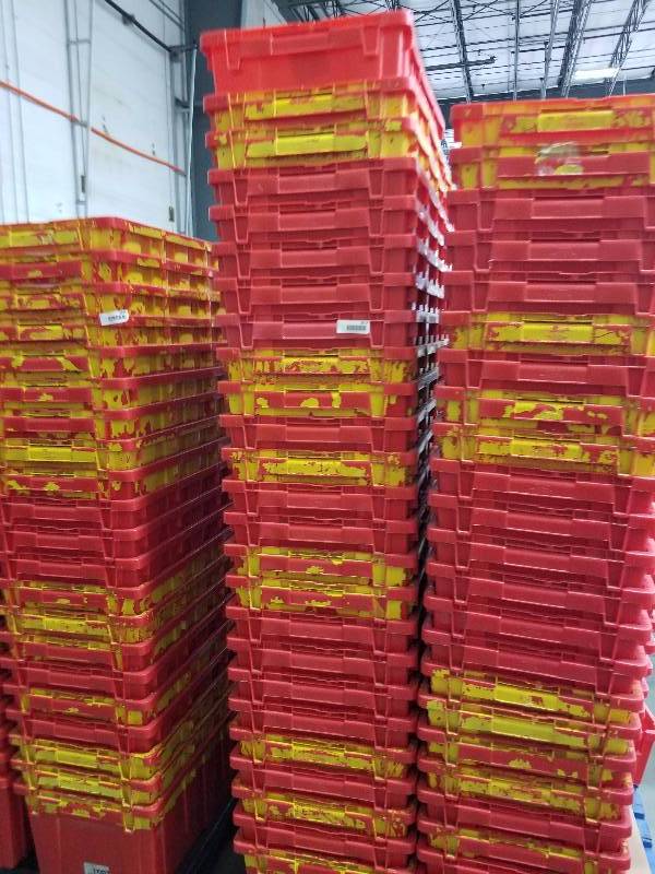 lot 1812 image: Red stackable Buckets  totes