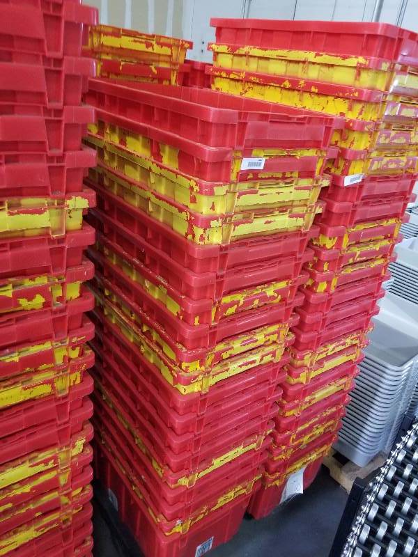 lot 1814 image: Red stackable Buckets  totes