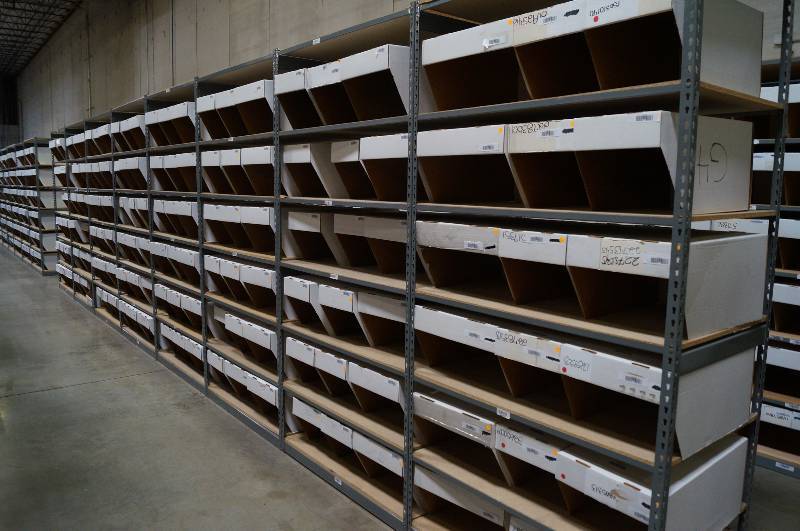 lot 2001 image: 8 Sections of Multi Conntected Steel Framed wood shelves