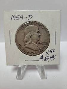 lot 38 image: 1954-D FRANKLIN HALF DOLLAR 90% SILVER