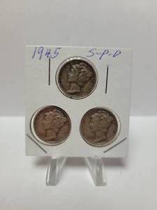 lot 142 image: 3) 1945 Mercury Dimes--90% Silver